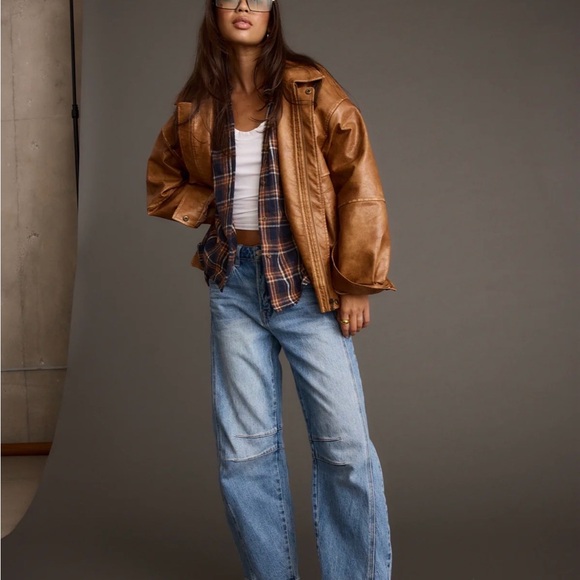 London Calling Cognac Oversized Faux Leather Jacket - Picture 2 of 4